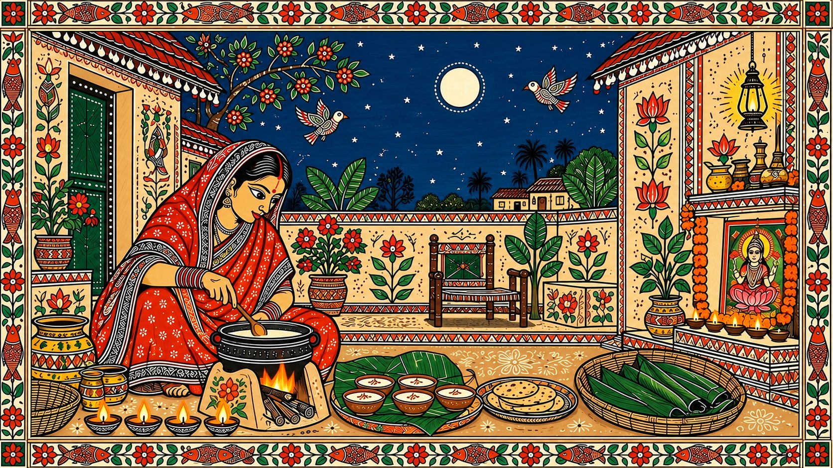 Madhubani-style Kharna evening scene with lamps and a devotee preparing prasad