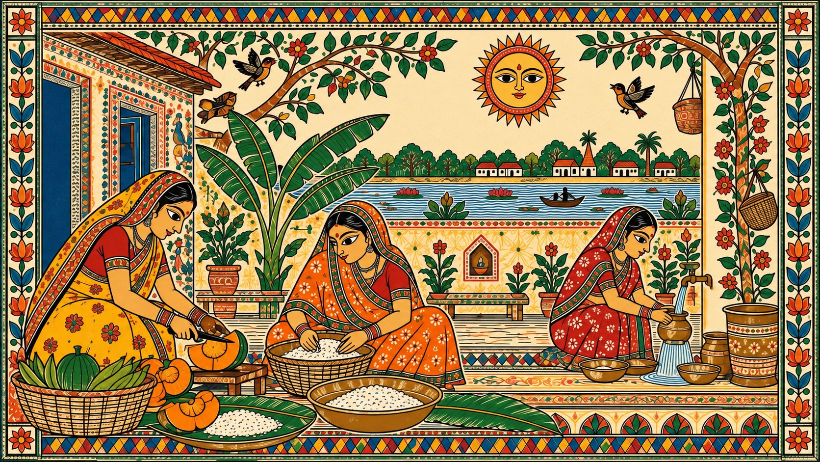 Madhubani-style artwork of women preparing a simple meal in a clean courtyard for Nahay Khay
