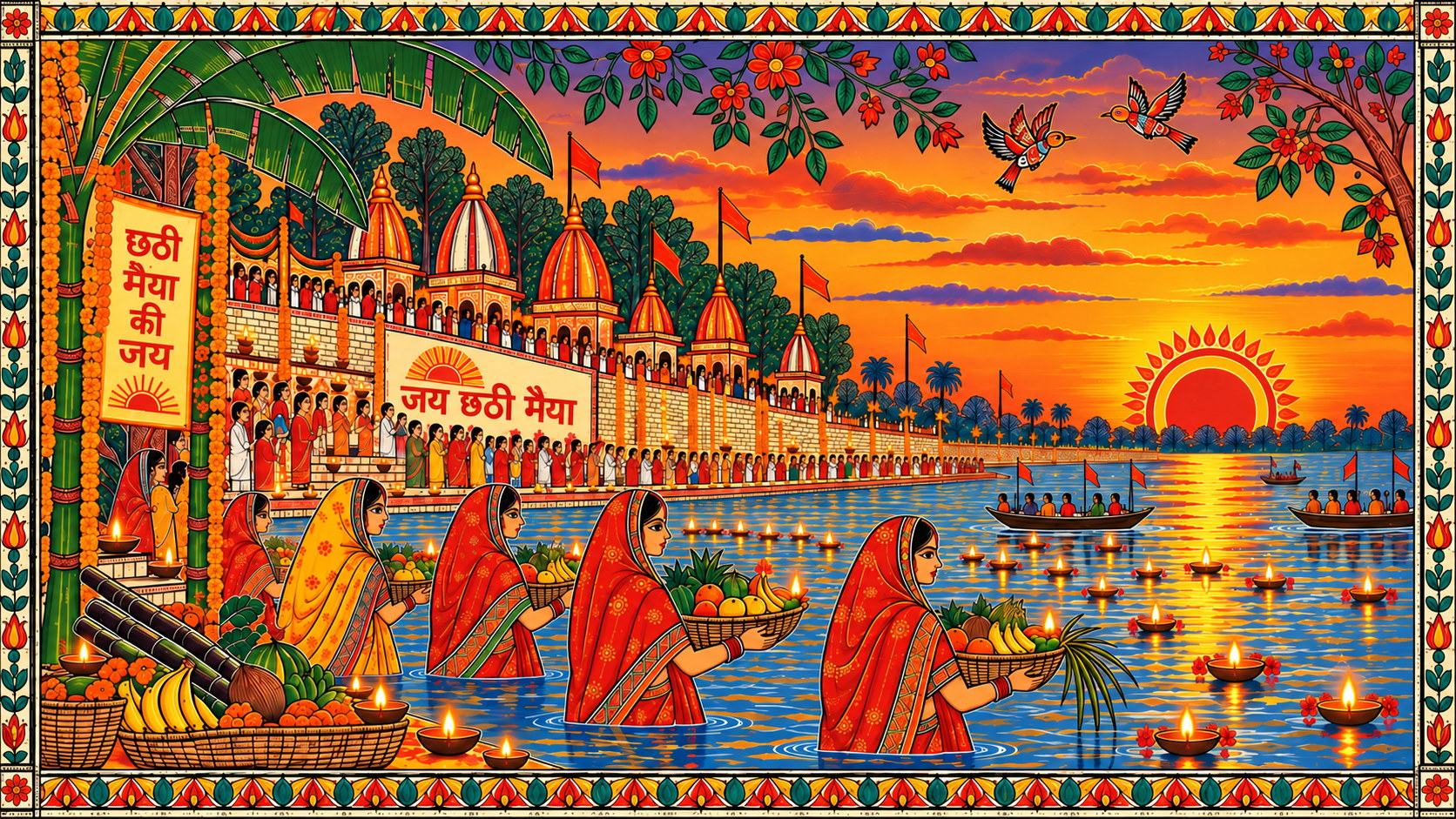 Madhubani-style artwork of devotees carrying offerings beside a river at sunset for Chhath Puja