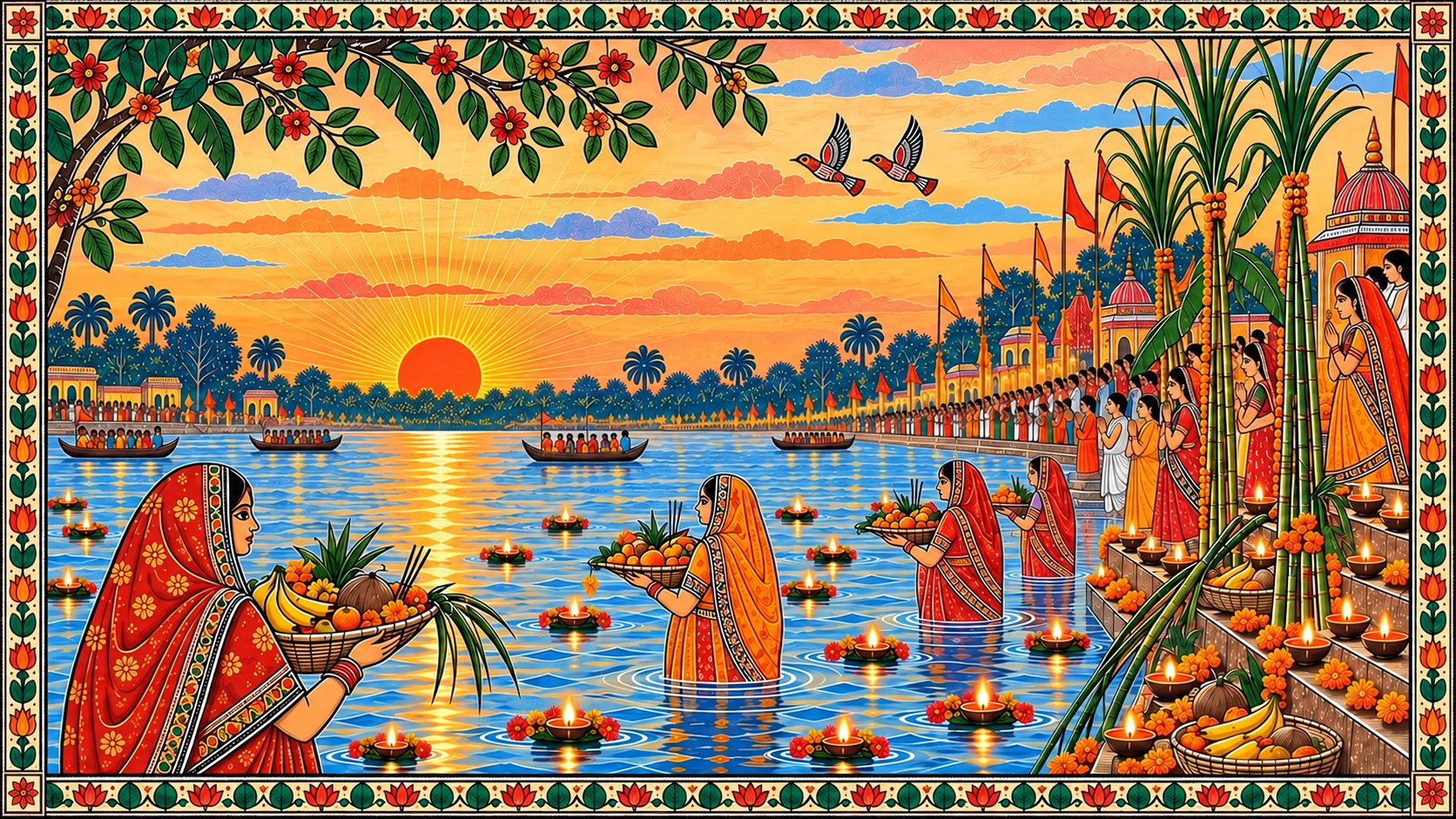 Madhubani-style dawn scene with devotees facing the rising sun and holding Chhath offering baskets